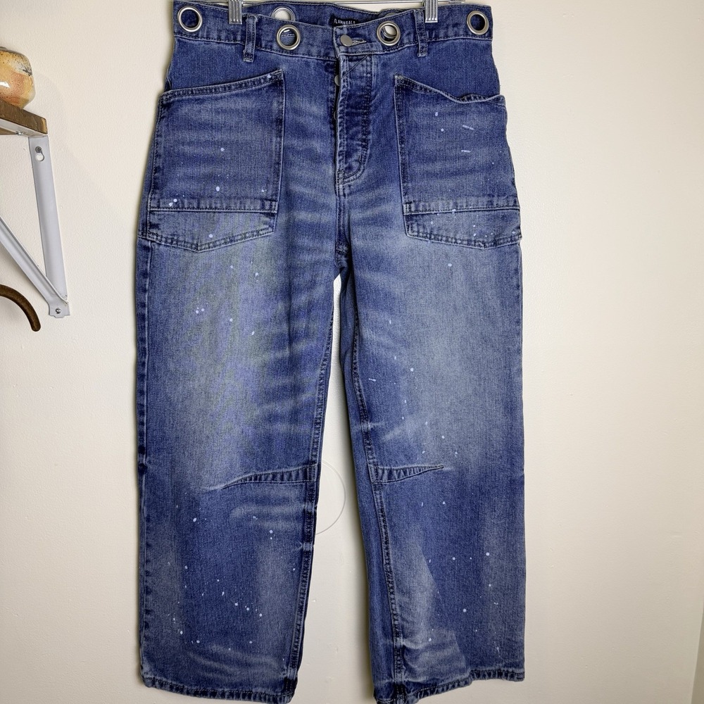 Flamingals Barrel Leg Blue Denim Crop Jeans L Paint Splatter Drawstring Grunge